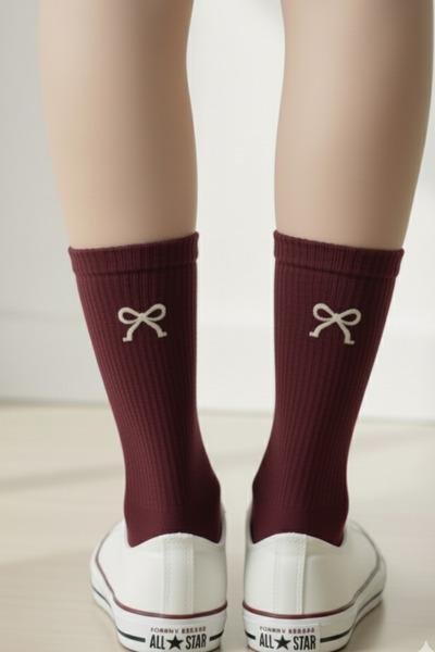 AYDK Embroidered Bow Detailed Ribbed Cotton Multi-Colored Women's Socks
