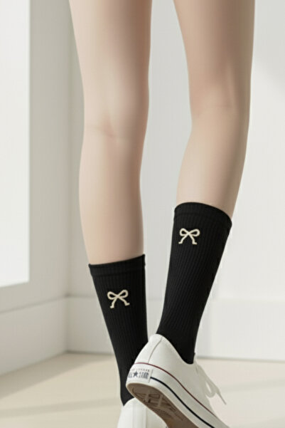 AYDK Embroidered Bow Detailed Ribbed Cotton Multi-Colored Women's Socks