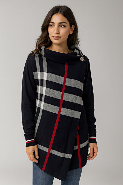 Sebir Moda Plaid Patterned Knitwear Acrylic Poncho