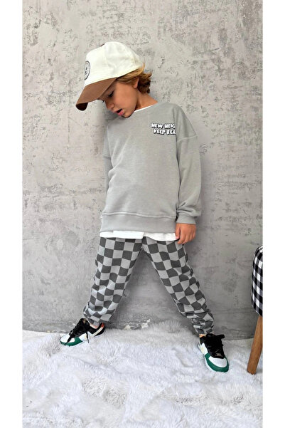 Kidmark Çocuk Modası Boy's Checker Pattern 100% Cotton Gray Basic Set