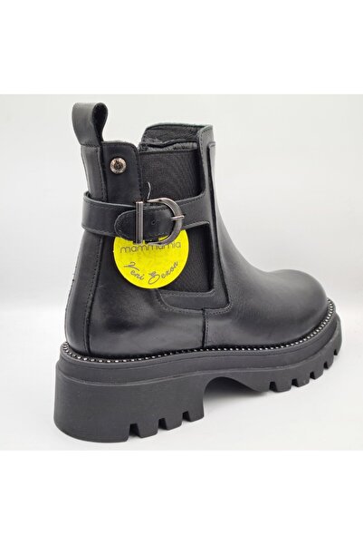 Mammamia D25Kb-4185 Black Genuine Leather Thick Heeled (5cm) Zippered Women's Boots