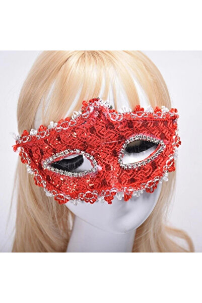 HarmonyAura Red Color Eyes Crystal Rhinestones Lace Party Mask 11X17 cm
