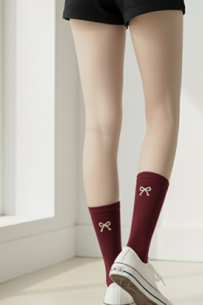 AYDK Embroidered Bow Detailed Ribbed Cotton Multi-Colored Women's Socks