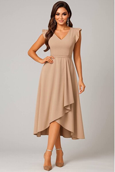 Varyete Sleeveless Flounce Pleated Midi Length Crepe Dress