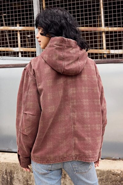 september island Paula Plaid Pale Burgundy Color Canvas Lined Hooded Coat