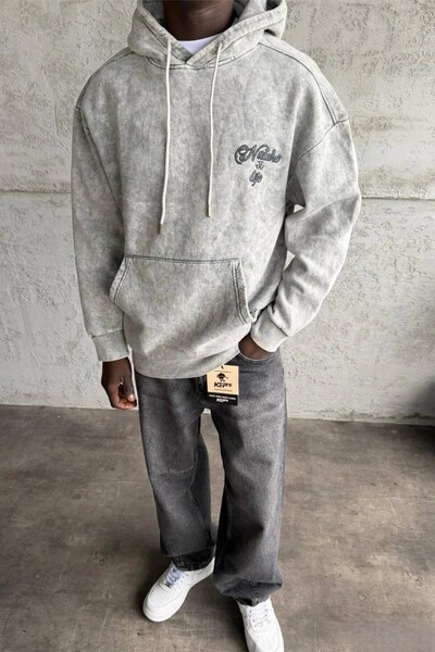 MADZEYMODA Men's Fleece-Lined Embroidery Detailed Light Gray Washed Hooded Sweatshirt Mz0406