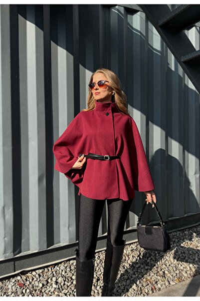 Lila Moda Belted Mock Neck Button Cashmere Cape Poncho