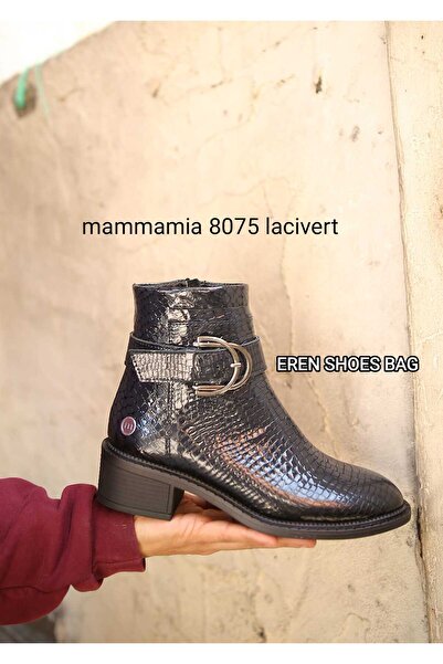 Mammamia 080750 Genuine Leather Patent Leather Printed Buckle Detailed Thick Heeled Boots