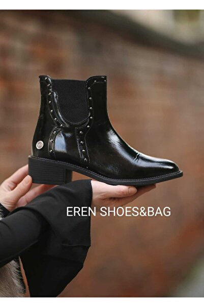 Mammamia 080150 Genuine Leather Thick Heeled Zippered Boots with Elastic Sides and Pin Detail