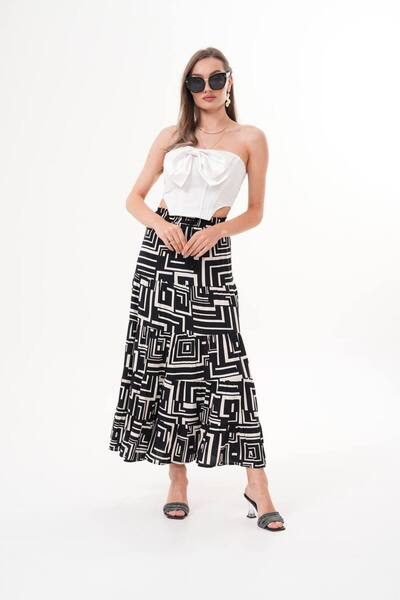 Polologin Butik Black Beige Ethnic Patterned Viscose Fabric Sports Hijab Skirt