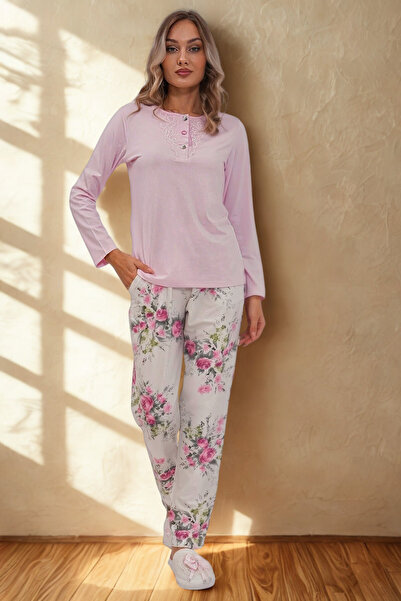 bigmama طقم بيجامة كادون من الدانتيل الوردي - بنطلون منقوش بجيوب