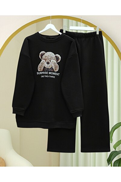Modamorfo Teddy Bear Printed Fleece-Lined 3 Thread Sweat Set - Black
