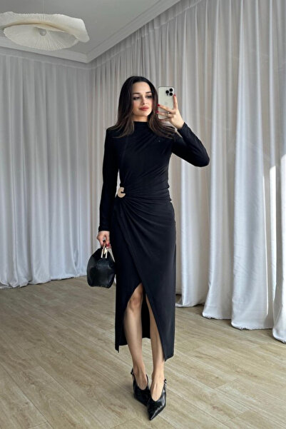 MODAMİNEM Women's Brooch Detailed Draped Midi Dress