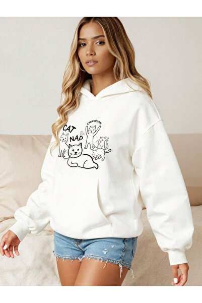 OVER HEAD Women's White Cat Nap Printed Oversized Hooded Sweatshirt