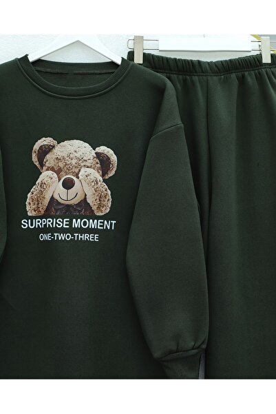 Modamorfo Teddy Bear Printed Fleece-Lined 3 Thread Sweat Set - Khaki