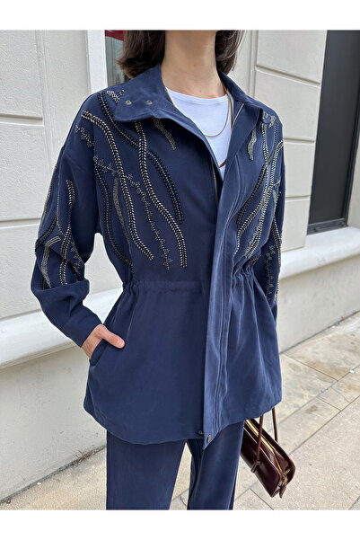 MİA NOURA Women's Front Sleeves with Bead Embroidery on Tansel Fabric Bambir Ceken