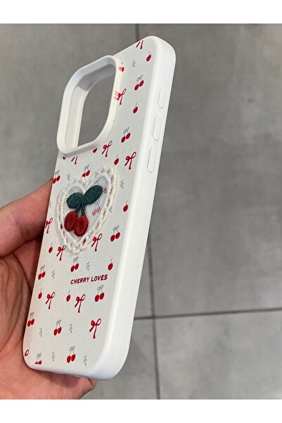 Mee.co iPhone 15 Pro Compatible Embroidered Cherry Pattern Case Cherry Figured Knitted Phone Case