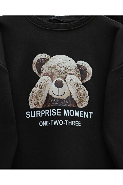 Modamorfo Teddy Bear Printed Fleece-Lined 3 Thread Sweat Set - Black