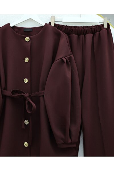 Modamorfo Balloon Sleeve Belted Front Buttoned Scuba Suit - Burgundy