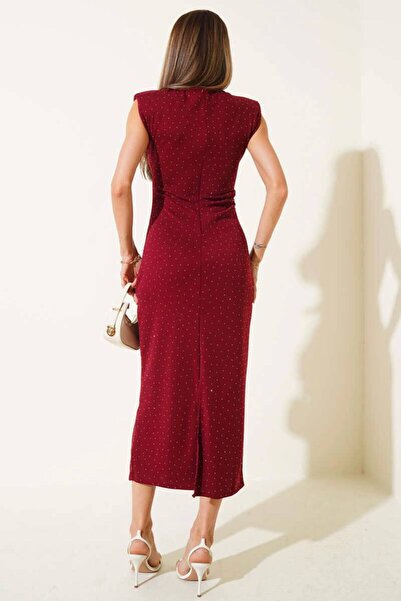 Varyete Stone Print Sleeveless Shoulder Pad Piece Slit Crepe Dress