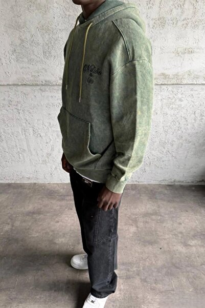 MADZEYMODA Ανδρικό φούτερ επένδυση fleece με κέντημα με λεπτομέρειες πράσινο πλυμένο με κουκούλα φούτερ Mz0406