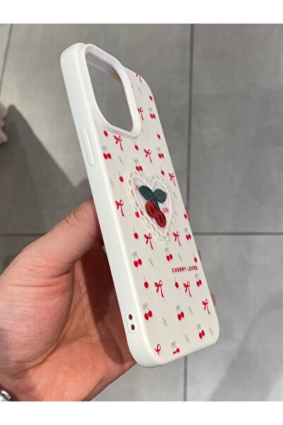 Mee.co iPhone 15 Pro Max Compatible Embroidered Cherry Pattern Case Cherry Figured Knitted Phone Case