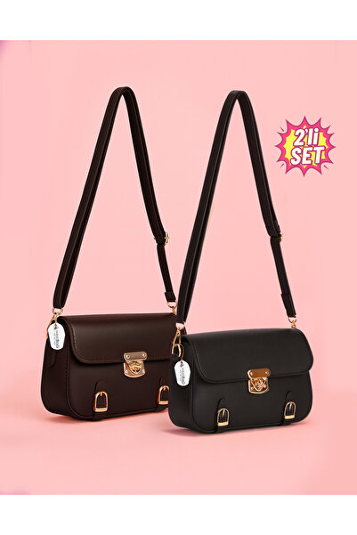 westbag Women's Lock Detailed Crossbody Hand and Shoulder Bag Small Size Bitter Brown - Black Set of 2