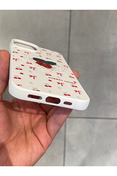Mee.co iPhone 13 and 14 Compatible Embroidered Cherry Pattern Case Cherry Figured Knitted Phone Case