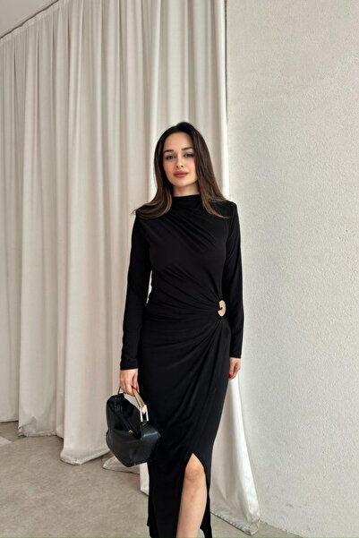 MODAMİNEM Women's Brooch Detailed Draped Midi Dress