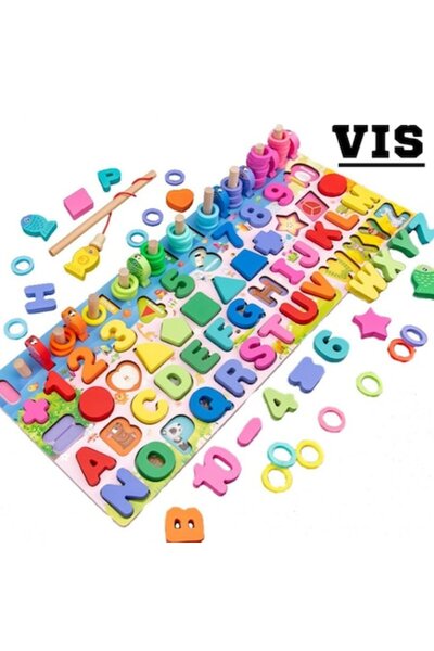 VİS Educational wooden puzzle game with numbers, letters and geometric shapes, multicolored