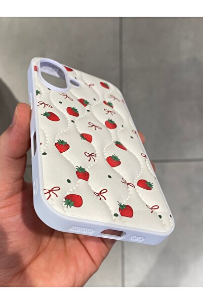 Mee.co iPhone 16 Compatible Strawberry Pattern Phone Case Faux Leather Case with Ribbon Pattern Stitching Detail