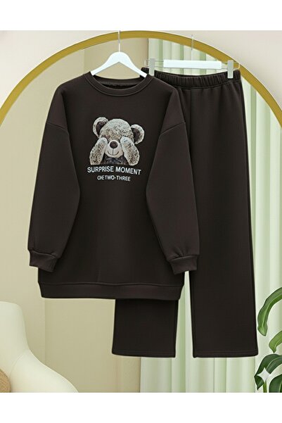 Modamorfo Teddy Bear Printed Fleece-Lined 3 Thread Sweat Set - Dark Brown