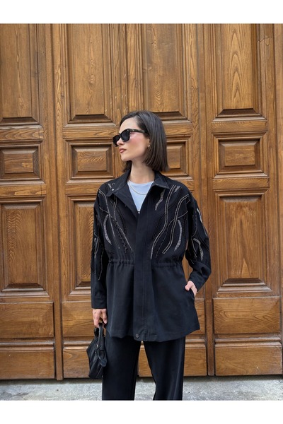 MİA NOURA Women's Front Sleeves with Bead Embroidery on Tansel Fabric Bambir Ceken