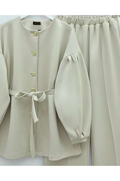 Modamorfo Balloon Sleeve Belted Front Buttoned Scuba Suit - Beige