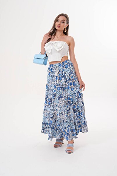 Polologin Butik Blue Small Floral Patterned Viscose Skirt