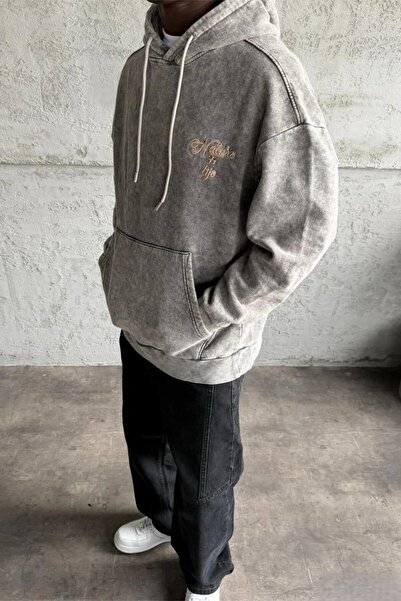 MADZEYMODA Ανδρικό φούτερ επένδυση fleece με λεπτομέρεια κεντήματος σε σκούρο γκρι πλυμένο με κουκούλα Mz0406