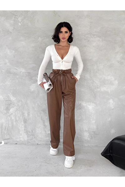 civetta High Waist Slim Belted Vegan Leather Pants - Brown