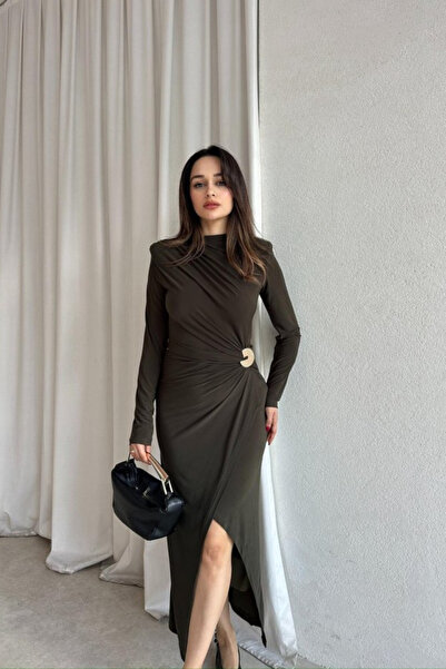 MODAMİNEM Women's Brooch Detailed Draped Midi Dress