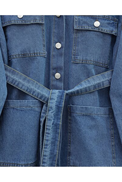 Modamorfo Beli Belted Pocketed Buttoned Front Denim Suit - Blue