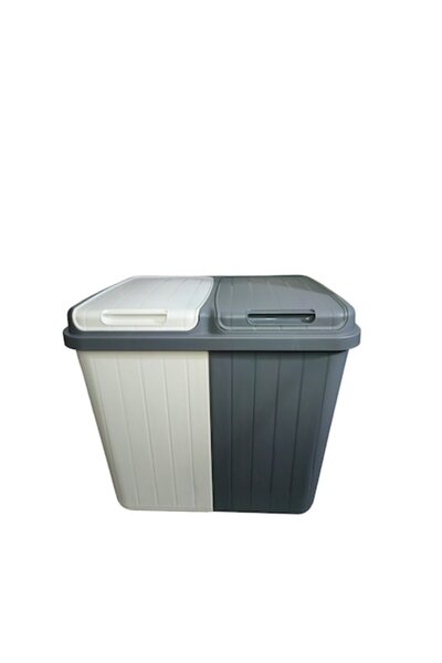 MURAT PLASTİK Double laundry basket, 80L, durable plastic, 2 compartments with lid, Murat Plastik, gray/white