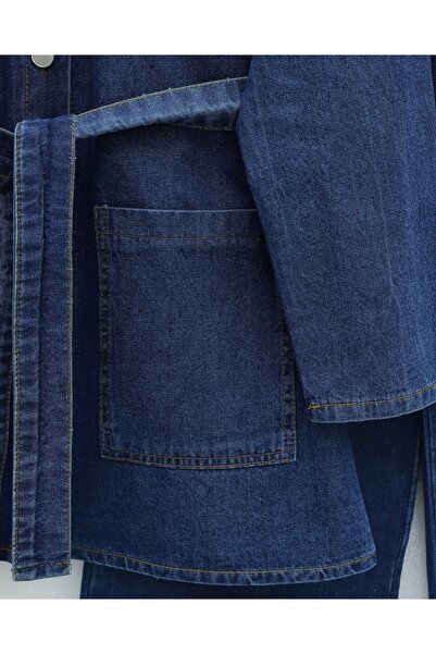 Modamorfo Beli Belted Pocketed Buttoned Front Denim Suit - Indigo