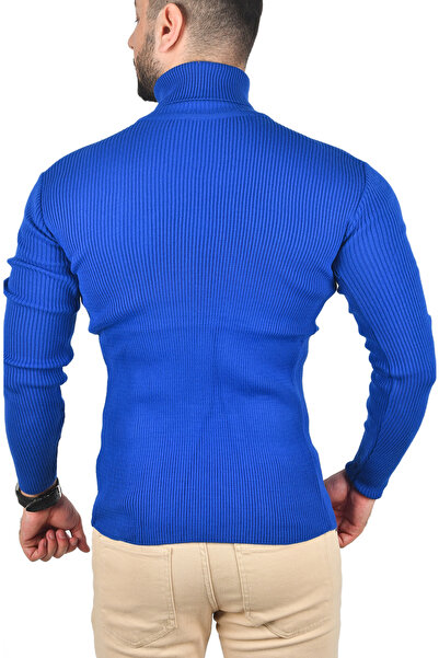 DeepSEA Men's Blue Slim F Corded Fabric Full Turtleneck Non-Pilling Knitwear Sweater 2505498