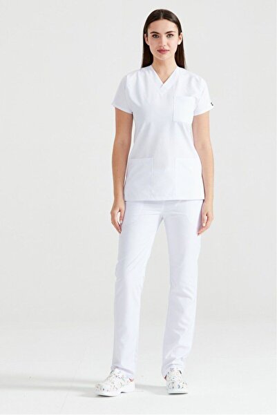 DEMOTEKS White Elastane Medical Suit, Women - Scrub Set Classic Flex