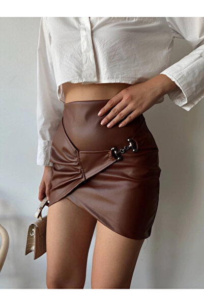 Butik Vintage Look Buckled Leather Skirt - Tan