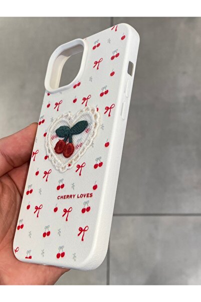 Mee.co iPhone 13 and 14 Compatible Embroidered Cherry Pattern Case Cherry Figured Knitted Phone Case