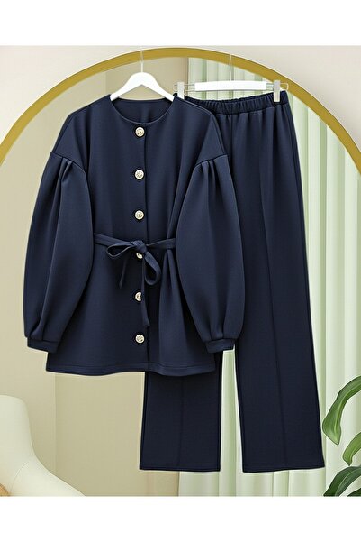 Modamorfo Balloon Sleeve Belted Front Buttoned Scuba Suit - Navy