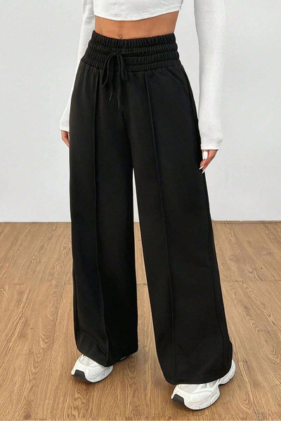 Hera Moda Women's Black Extra High Waist 2 Thread Wide Leg Sweatpants