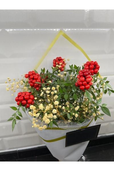 greendeco Kokina şans çiçeği cipso aranjmanlı Beyaz buket (6 DAL)-yılbaşı çiçeği -şans çiceği cipso