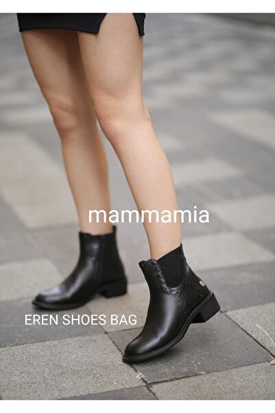 Mammamia 080150 Genuine Leather Thick Heeled Zippered Boots with Elastic Sides and Pin Detail