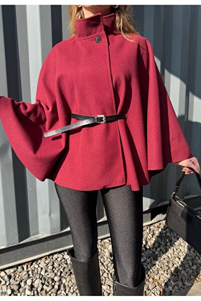 Lila Moda Belted Mock Neck Button Cashmere Cape Poncho